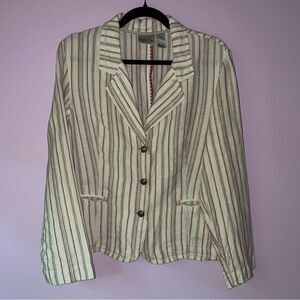 Chico's 100% Linen L Blazer Cream w Red Pinstripe Collar Button Artsy Jacket